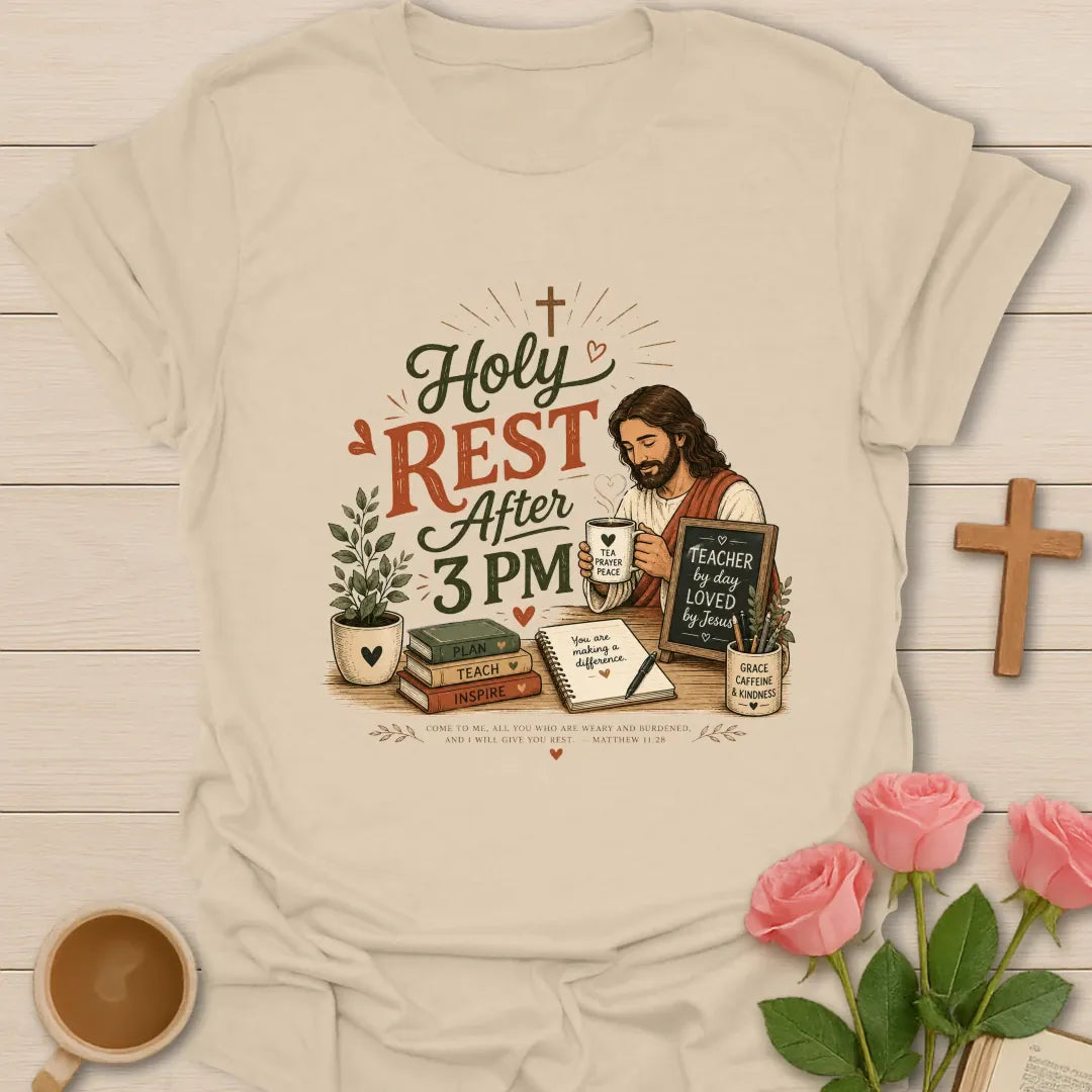 Holy Rest After 3 PM shirt with Jesus holding tea, teacher chalkboard, books, plant, notebook, mug, and vintage rust and sage colors. - Sand