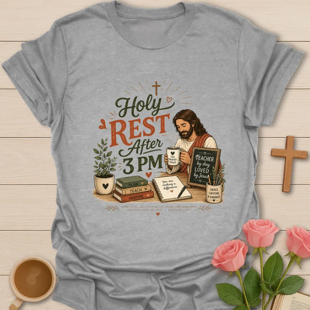 Holy Rest After 3 PM shirt with Jesus holding tea, teacher chalkboard, books, plant, notebook, mug, and vintage rust and sage colors. - Sport Grey