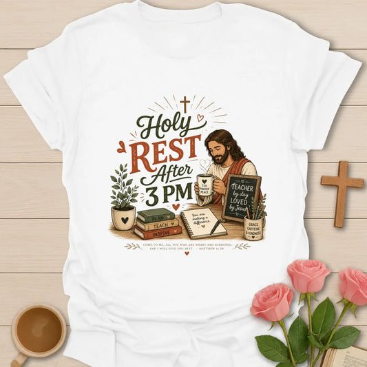 Holy Rest After 3 PM shirt with Jesus holding tea, teacher chalkboard, books, plant, notebook, mug, and vintage rust and sage colors. - White