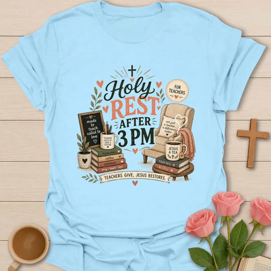 Holy Rest After 3 PM shirt with chair, teacup, books, chalkboard, mug, hearts, plants, and sage and coral typography. - Light Blue