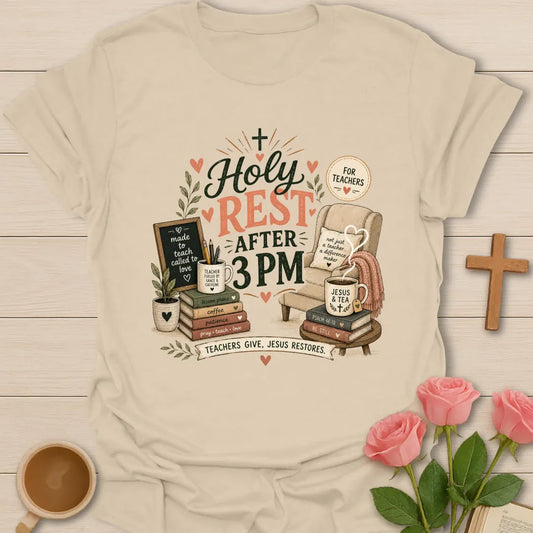Holy Rest After 3 PM shirt with chair, teacup, books, chalkboard, mug, hearts, plants, and sage and coral typography. - Sand