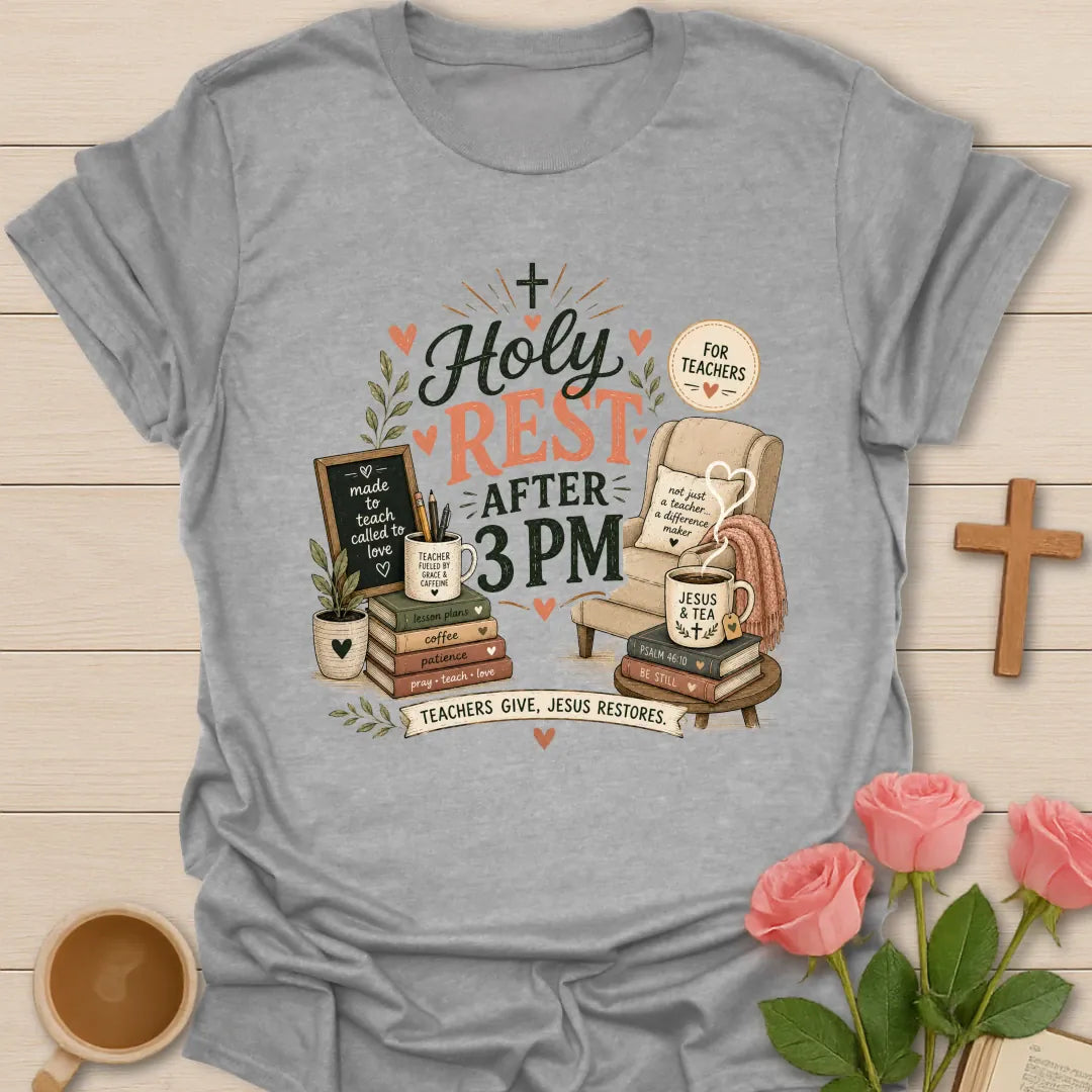 Holy Rest After 3 PM shirt with chair, teacup, books, chalkboard, mug, hearts, plants, and sage and coral typography. - Sport Grey