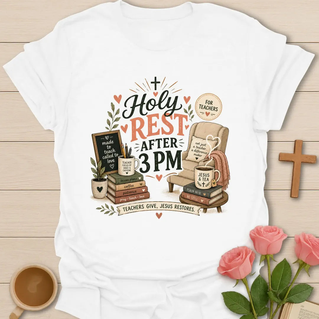 Holy Rest After 3 PM shirt with chair, teacup, books, chalkboard, mug, hearts, plants, and sage and coral typography. - White