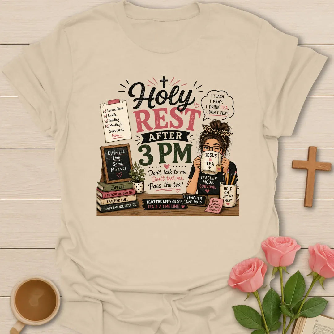 Holy Rest After 3 PM teacher shirt with teacher drinking from Jesus and Tea mug, lesson notes, books, chalkboard, pencils, and pink accents. - Sand