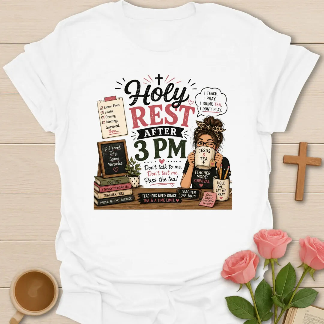 Holy Rest After 3 PM teacher shirt with teacher drinking from Jesus and Tea mug, lesson notes, books, chalkboard, pencils, and pink accents. - White