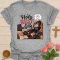 Holy Rest After 8 PM shirt with teacher in pajamas, Jesus and Tea mug, teapot, slippers, checklist, books, candle, and cozy chair. - Sport Grey
