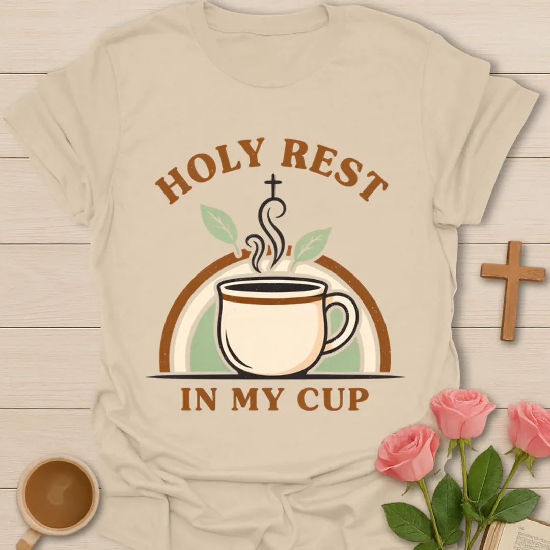 Holy Rest In My Cup Christian shirt with steaming teacup, cross, leaves, and retro rainbow design. - Sand