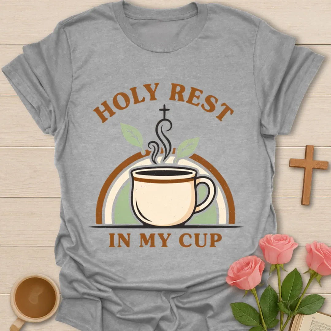 Holy Rest In My Cup Christian shirt with steaming teacup, cross, leaves, and retro rainbow design. - Sport Grey
