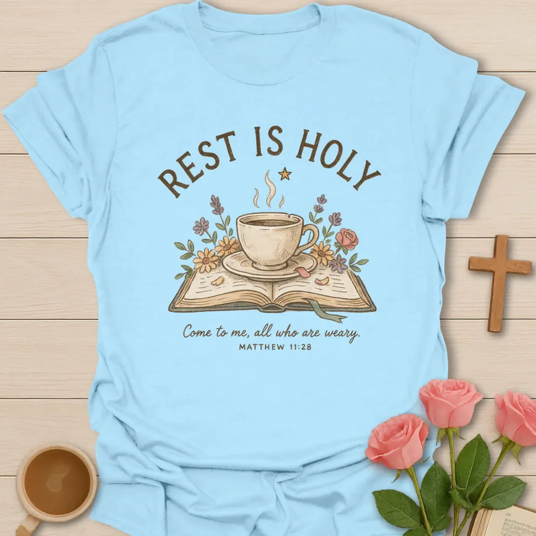 Holy Rest shirt with teacup, cross, and cream vintage lettering. - Light Blue