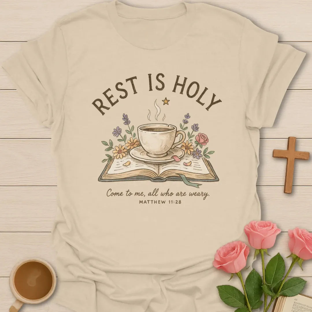 Holy Rest shirt with teacup, cross, and cream vintage lettering. - Sand