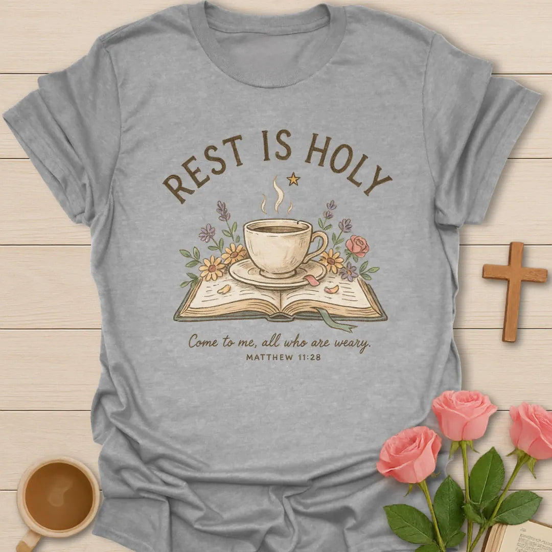 Holy Rest shirt with teacup, cross, and cream vintage lettering. - Sport Grey