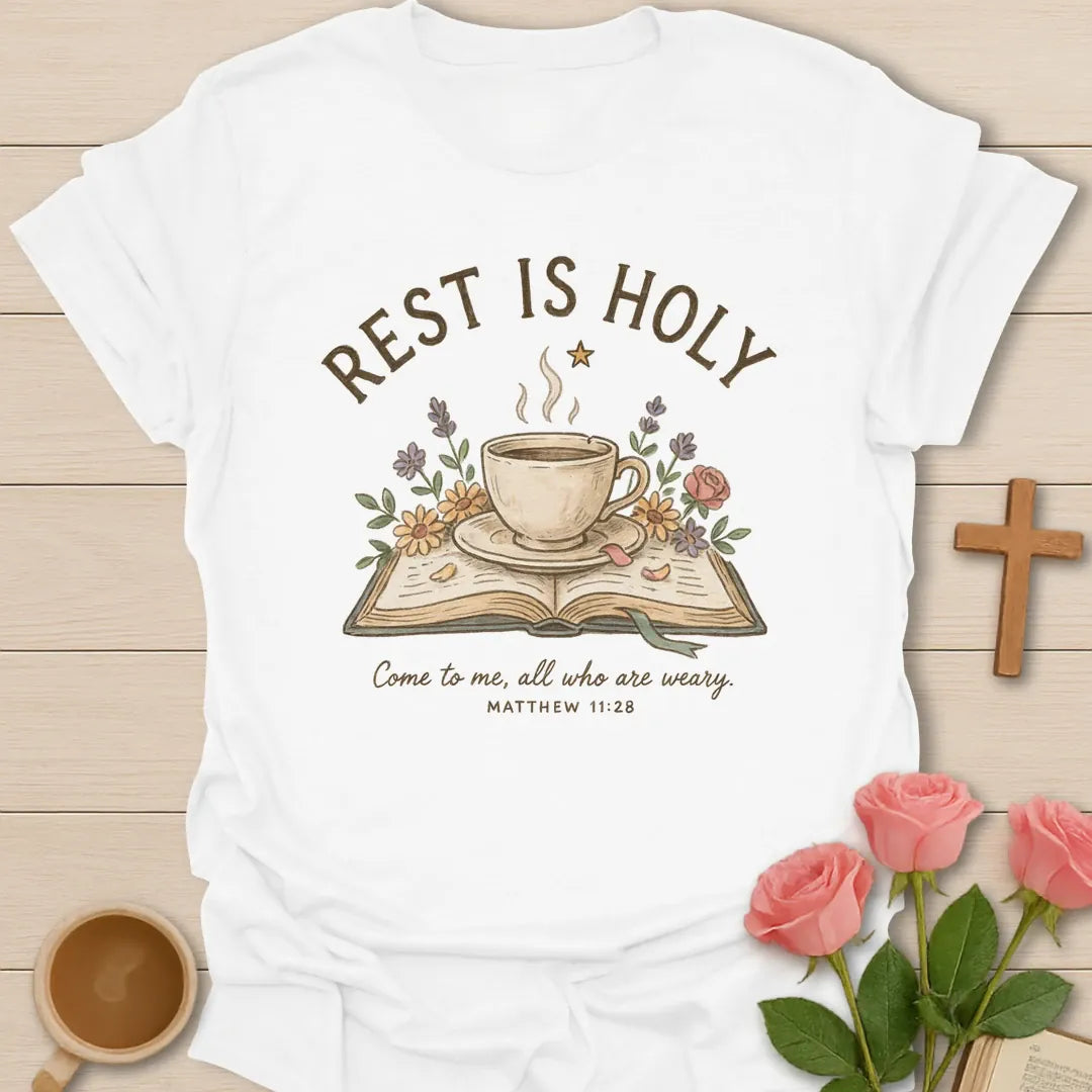Holy Rest shirt with teacup, cross, and cream vintage lettering. - White