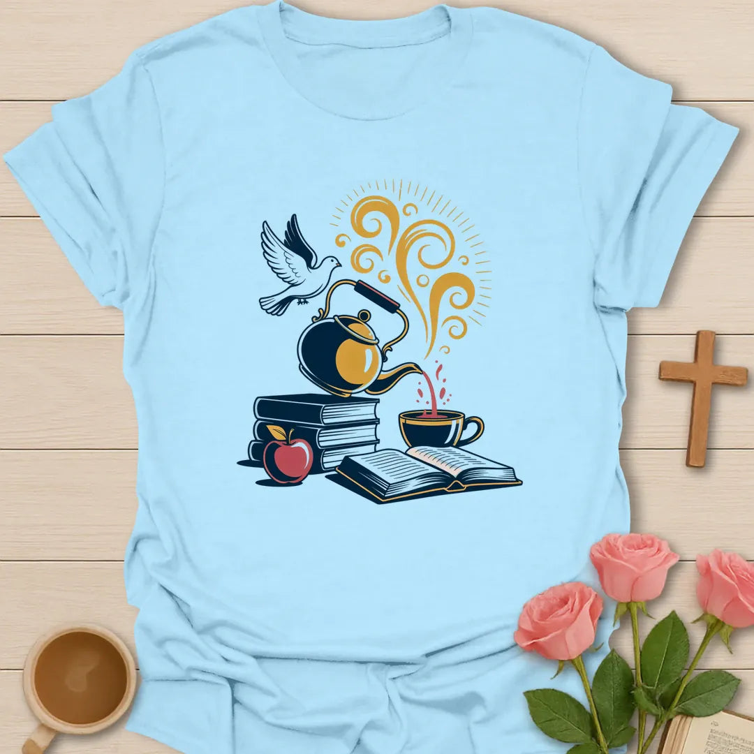 Holy Spirit Filled shirt with dove, florals, and cream vintage lettering. - Light Blue