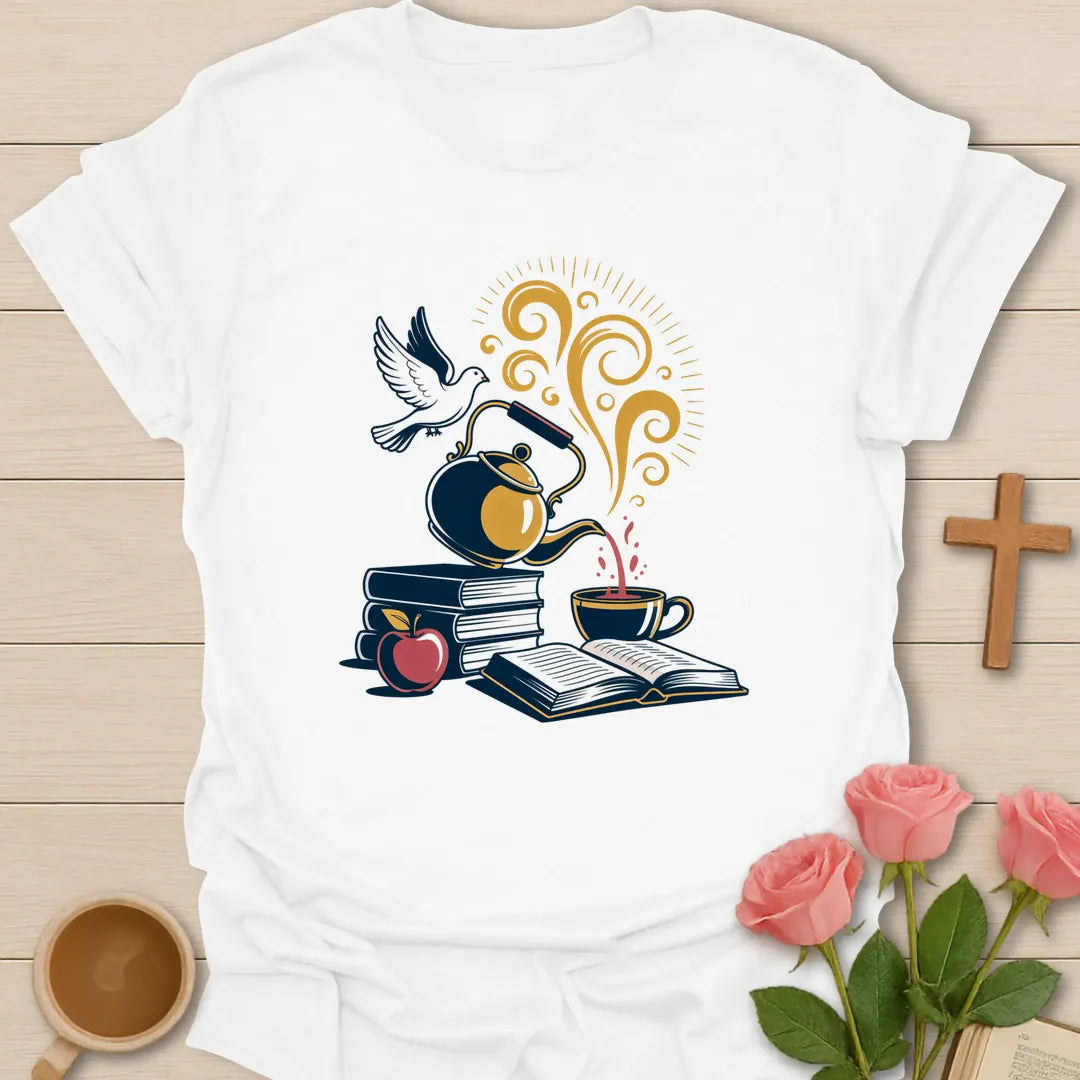 Holy Spirit Filled shirt with dove, florals, and cream vintage lettering. - White