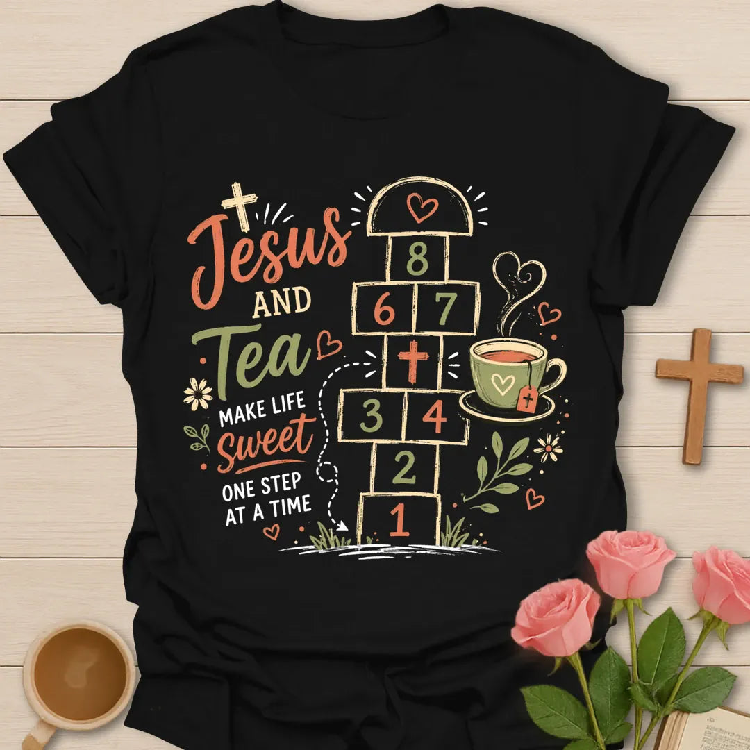 Jesus and Tea hopscotch shirt with numbered hopscotch path, teacup, cross, flowers, hearts, and Make Life Sweet text. - Black