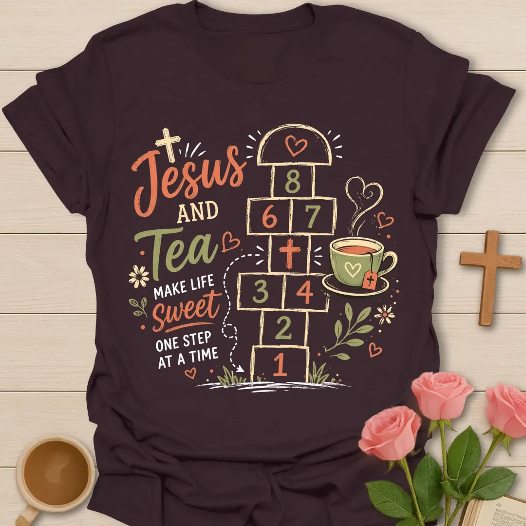 Jesus and Tea hopscotch shirt with numbered hopscotch path, teacup, cross, flowers, hearts, and Make Life Sweet text. - Dark Chocolate