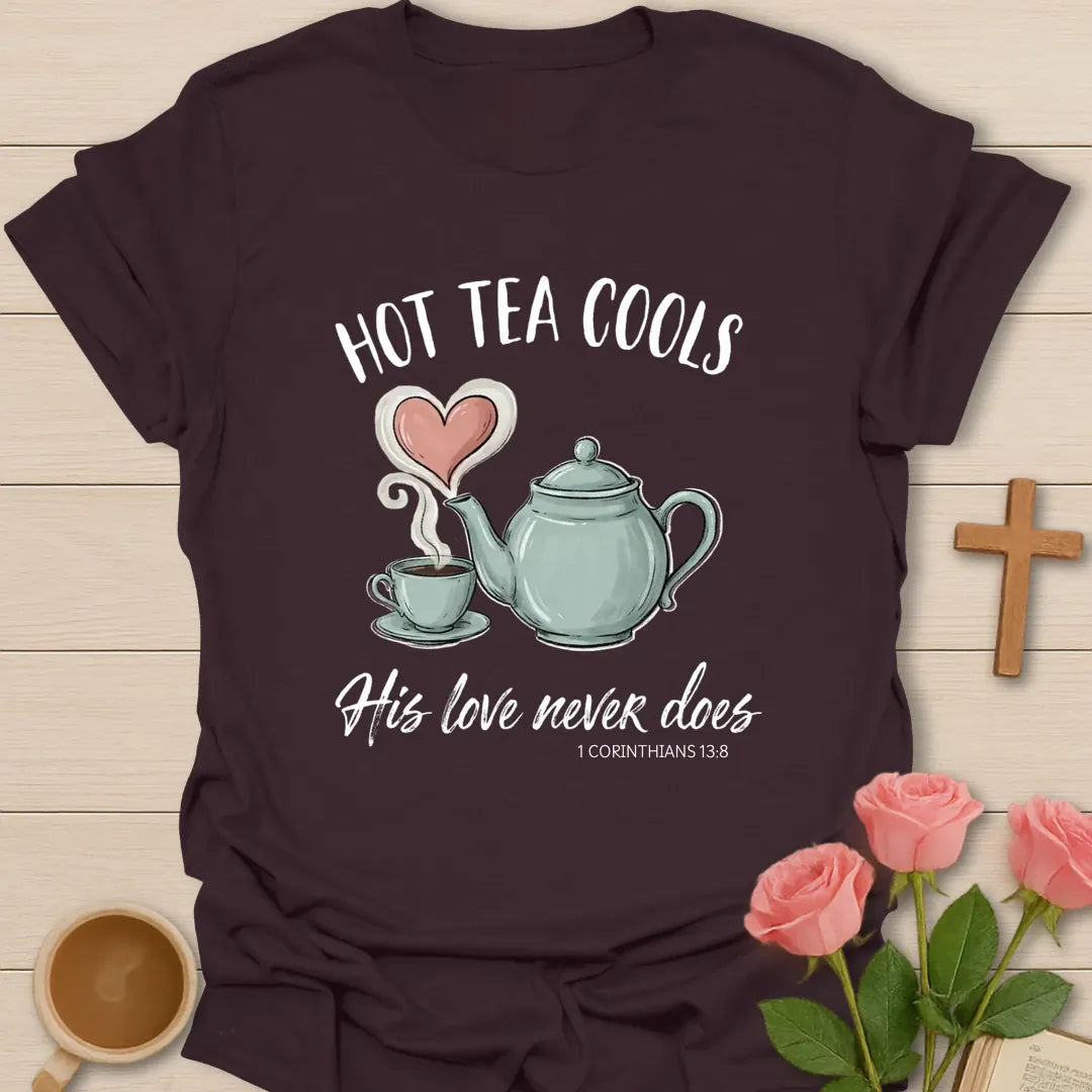 Hot Tea Cools Christian t-shirt with faith-inspired tea lettering design - Dark Chocolate