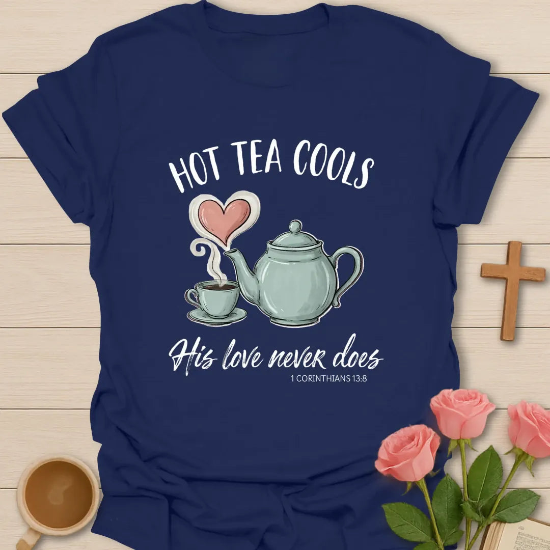 Hot Tea Cools Christian t-shirt with faith-inspired tea lettering design - Navy