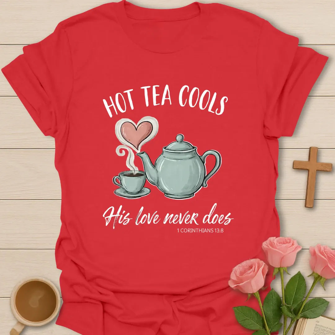 Hot Tea Cools Christian t-shirt with faith-inspired tea lettering design - Red