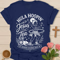 Hula Hoopin with Jesus and Tea shirt with girl hula hooping, sweet tea jar, Bible, hearts, and Colossians 3:23 text. - Navy