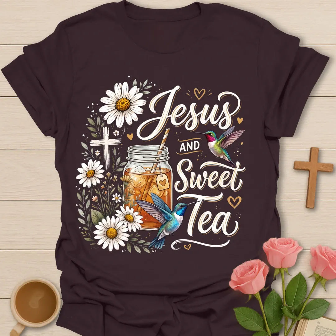 Jesus and Sweet Tea shirt with mason jar iced tea, hummingbirds, daisies, cross, hearts, and hand-lettered text. - Dark Chocolate