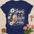 Jesus and Sweet Tea shirt with mason jar iced tea, hummingbirds, daisies, cross, hearts, and hand-lettered text. - Navy