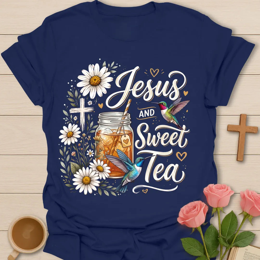 Jesus and Sweet Tea shirt with mason jar iced tea, hummingbirds, daisies, cross, hearts, and hand-lettered text. - Navy