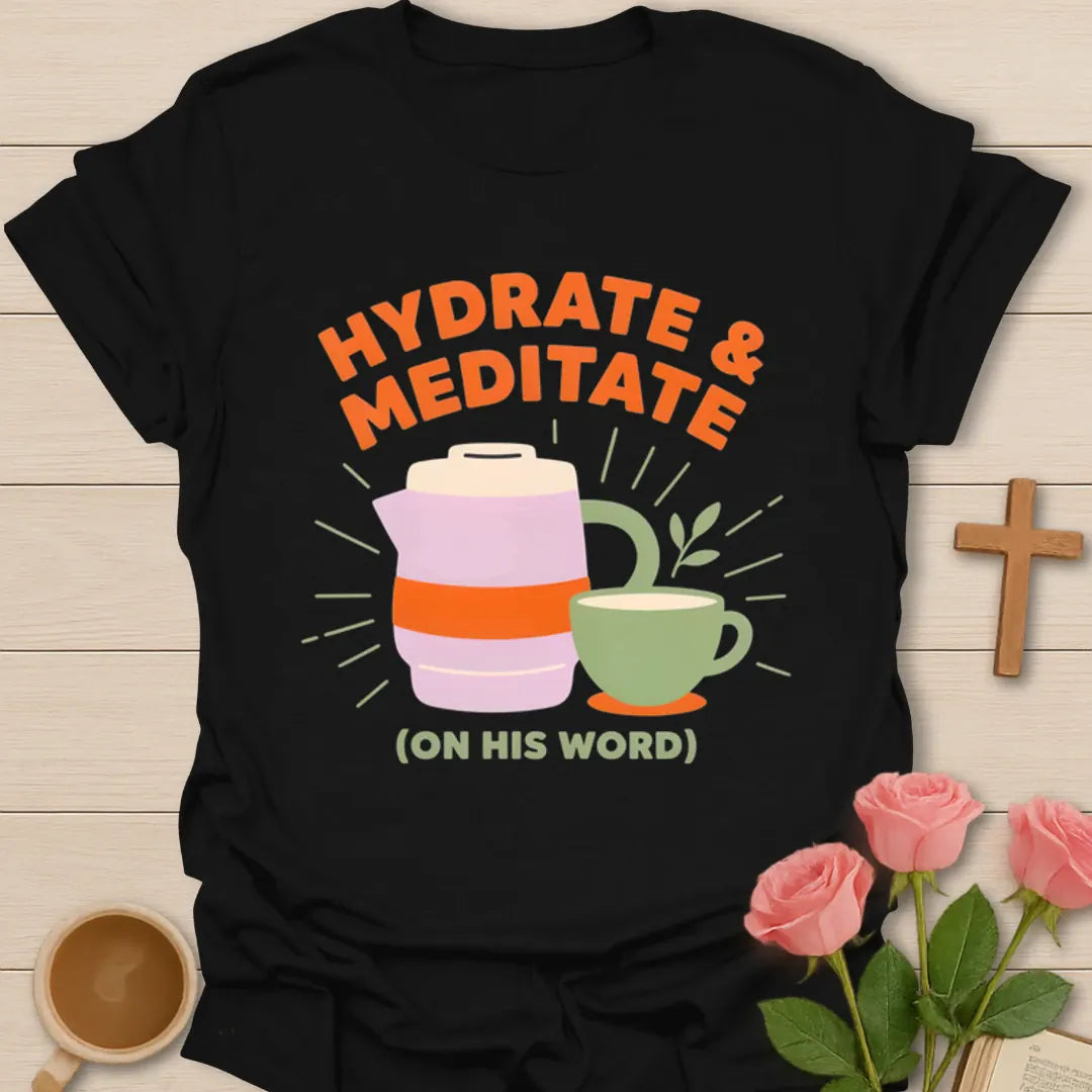 Hydrate and Meditate Christian shirt with water bottle, tea cup, plant, and On His Word phrase - Black