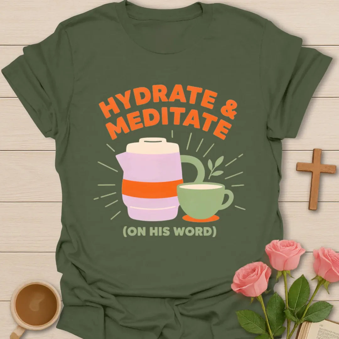 Hydrate and Meditate Christian shirt with water bottle, tea cup, plant, and On His Word phrase - Military Green