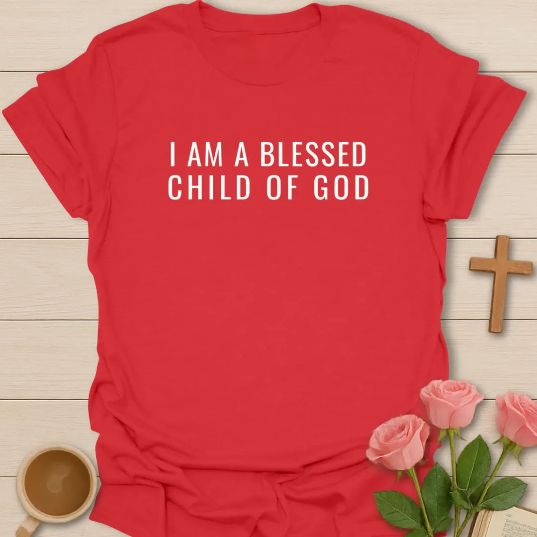 I Am A Blessed Child Of God shirt with bold white block lettering and minimal Christian typography. - Red