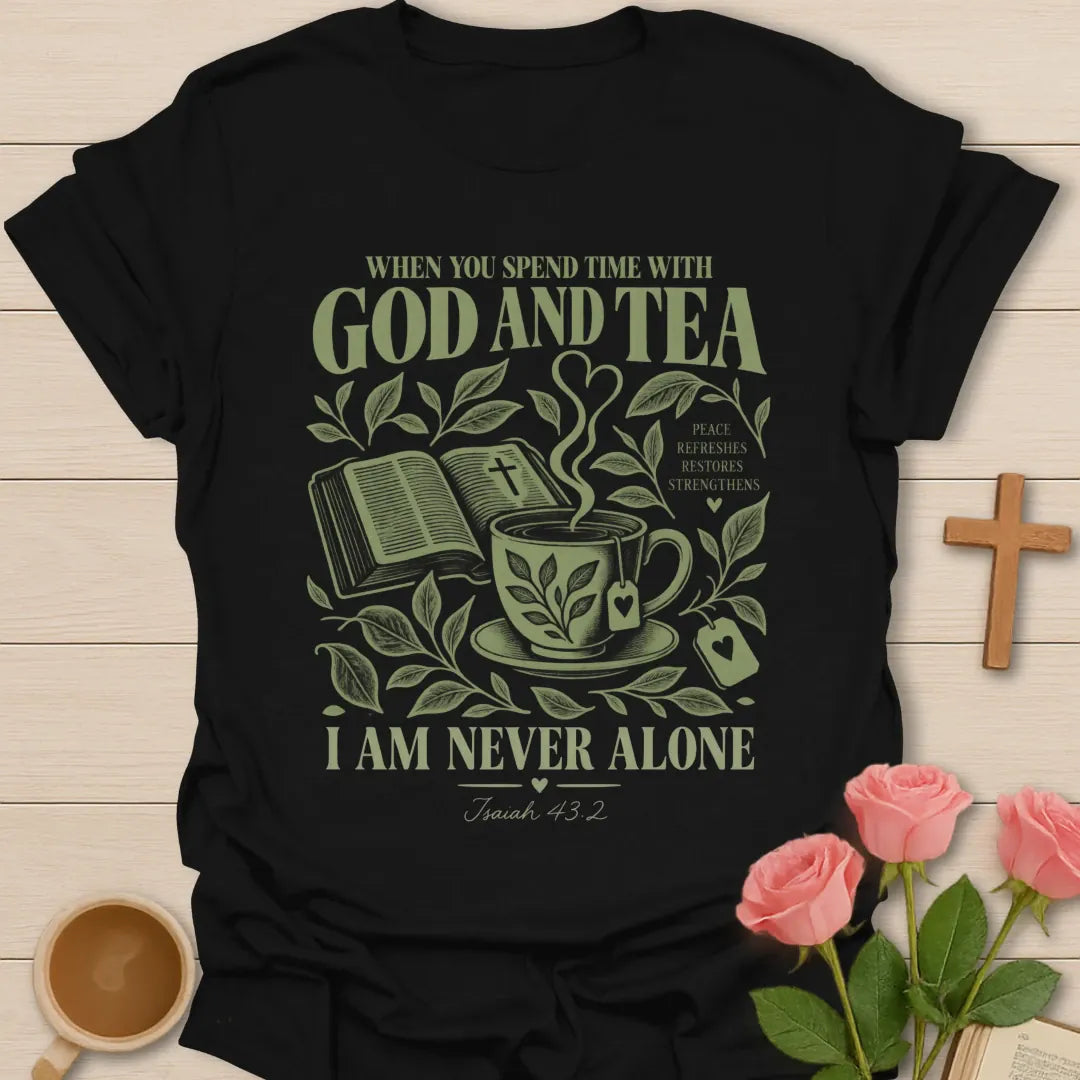 I AM Never Alone Christian tea t-shirt with comforting lettering and faith-inspired design. - Black