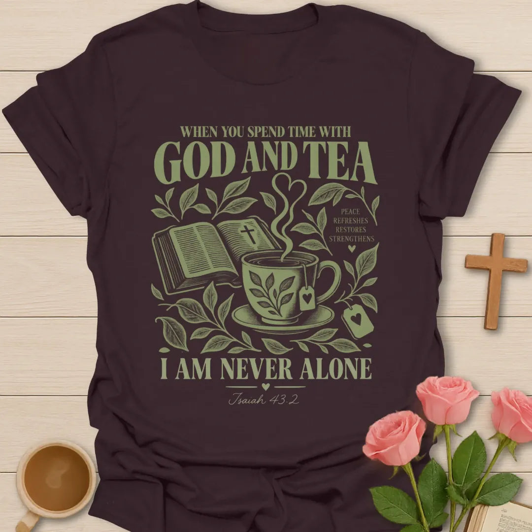 I AM Never Alone Christian tea t-shirt with comforting lettering and faith-inspired design. - Dark Chocolate