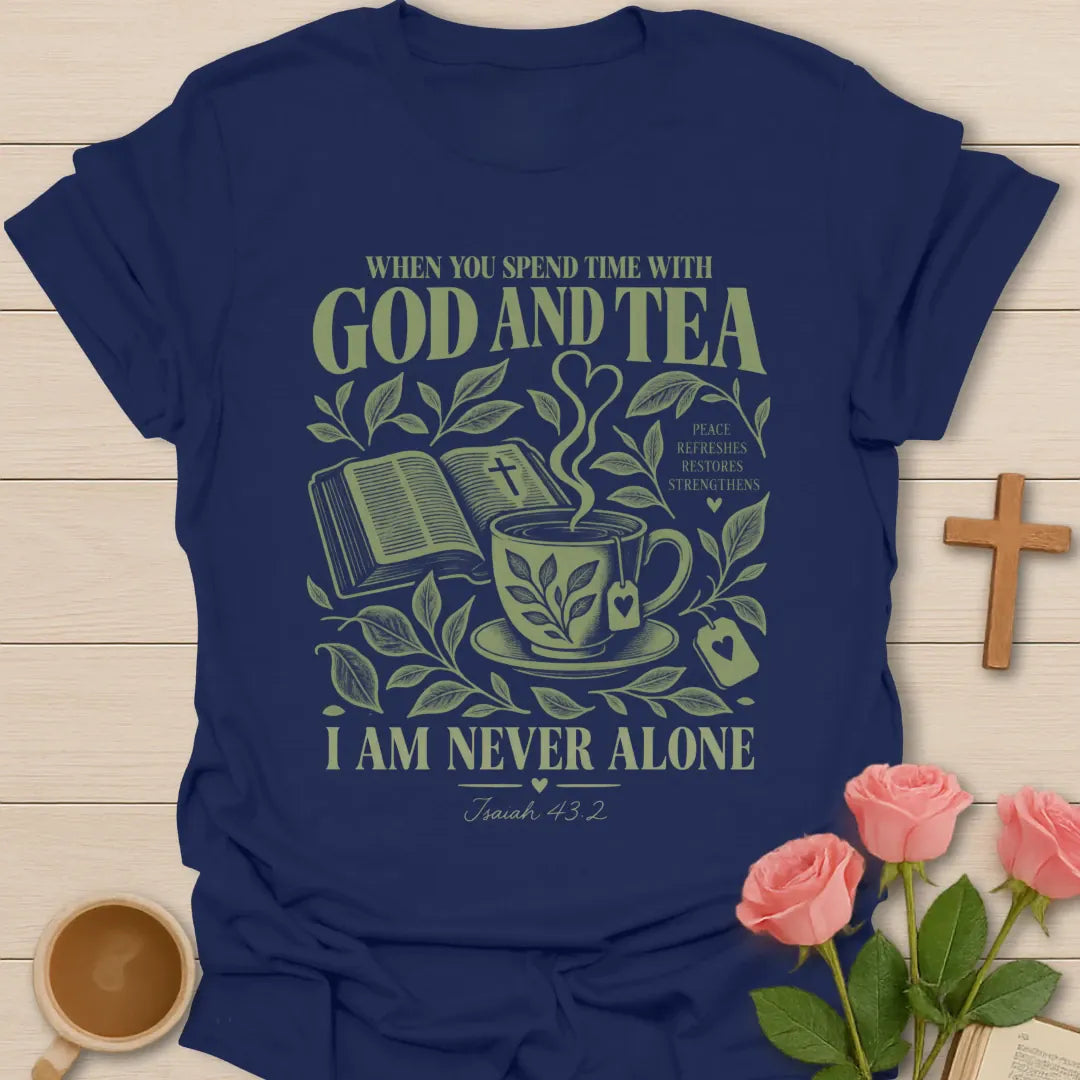I AM Never Alone Christian tea t-shirt with comforting lettering and faith-inspired design. - Navy