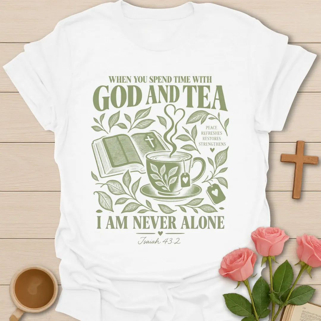 I AM Never Alone Christian tea t-shirt with comforting lettering and faith-inspired design. - White