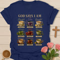 God Says I Am tea personality shirt pairing teacups with faith-inspired qualities - Navy