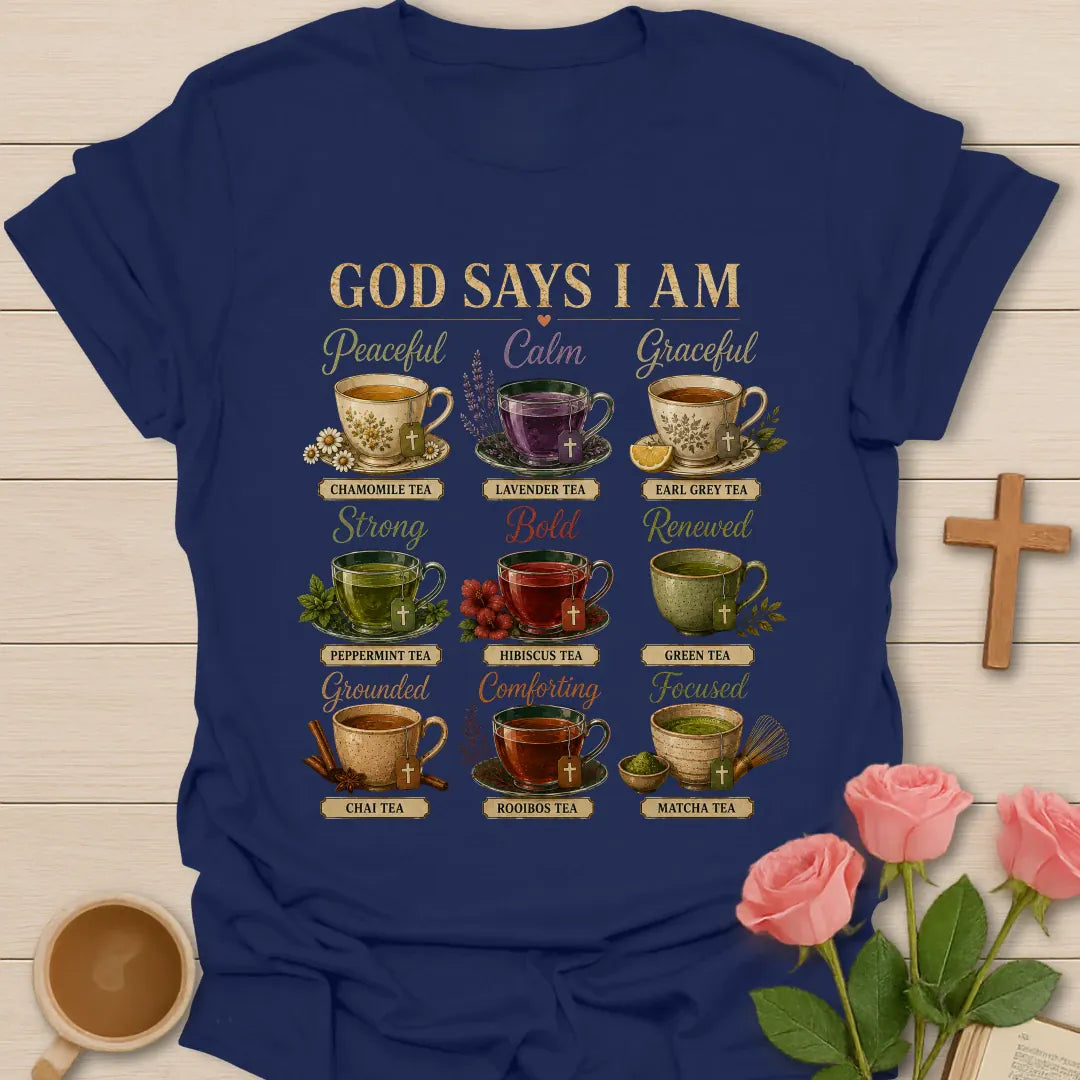 God Says I Am tea personality shirt pairing teacups with faith-inspired qualities - Navy