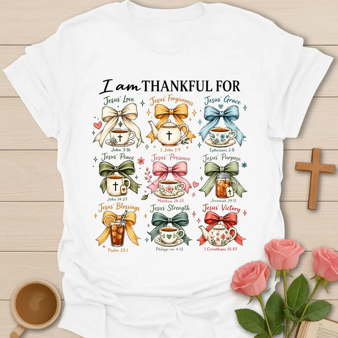 I Am Thankful shirt with simple gratitude lettering - White