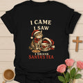 I Came I Saw I Drank Santa's Tea Christmas T-shirt with funny cat Santa hat floral teacup and cookies - Black