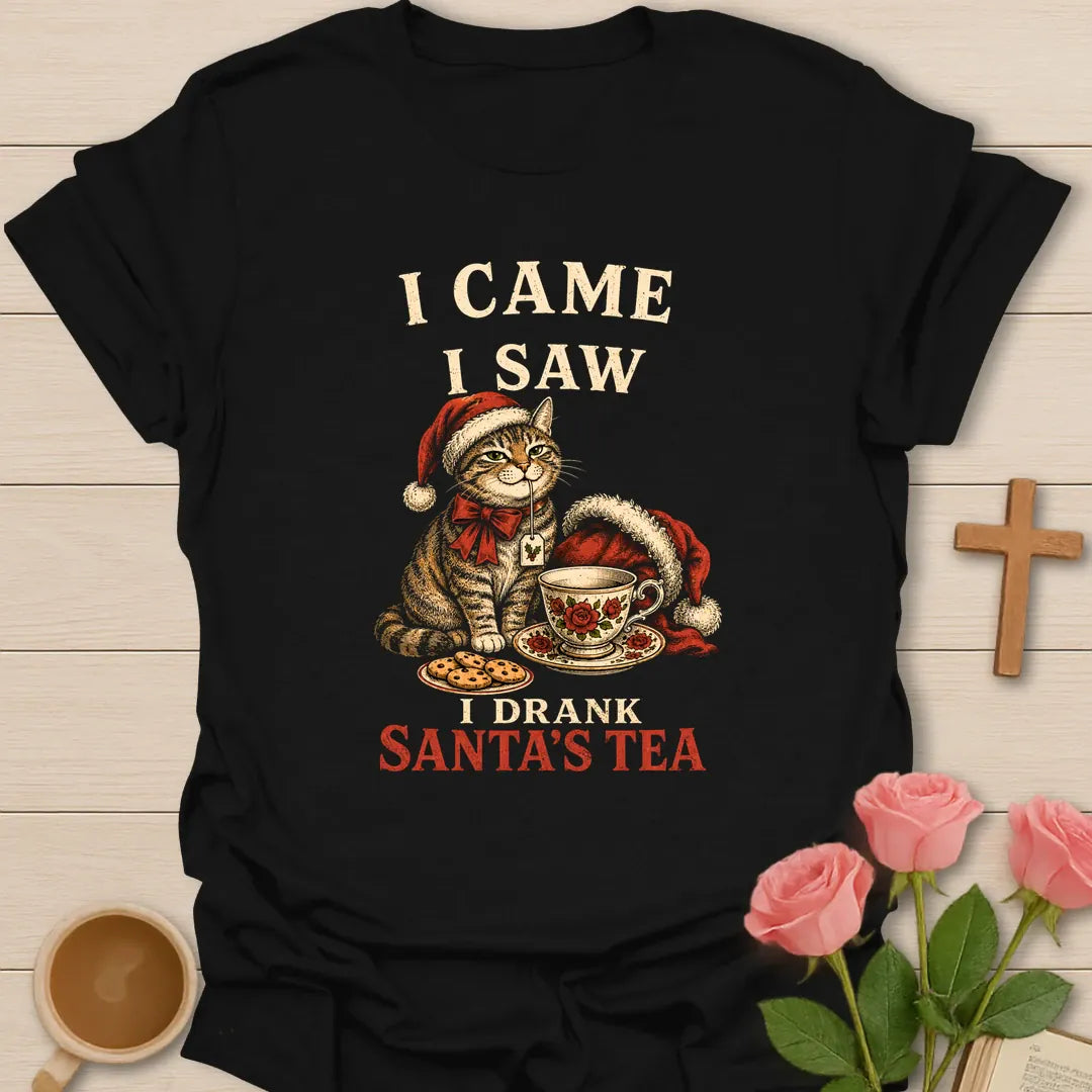 I Came I Saw I Drank Santa's Tea Christmas T-shirt with funny cat Santa hat floral teacup and cookies - Black