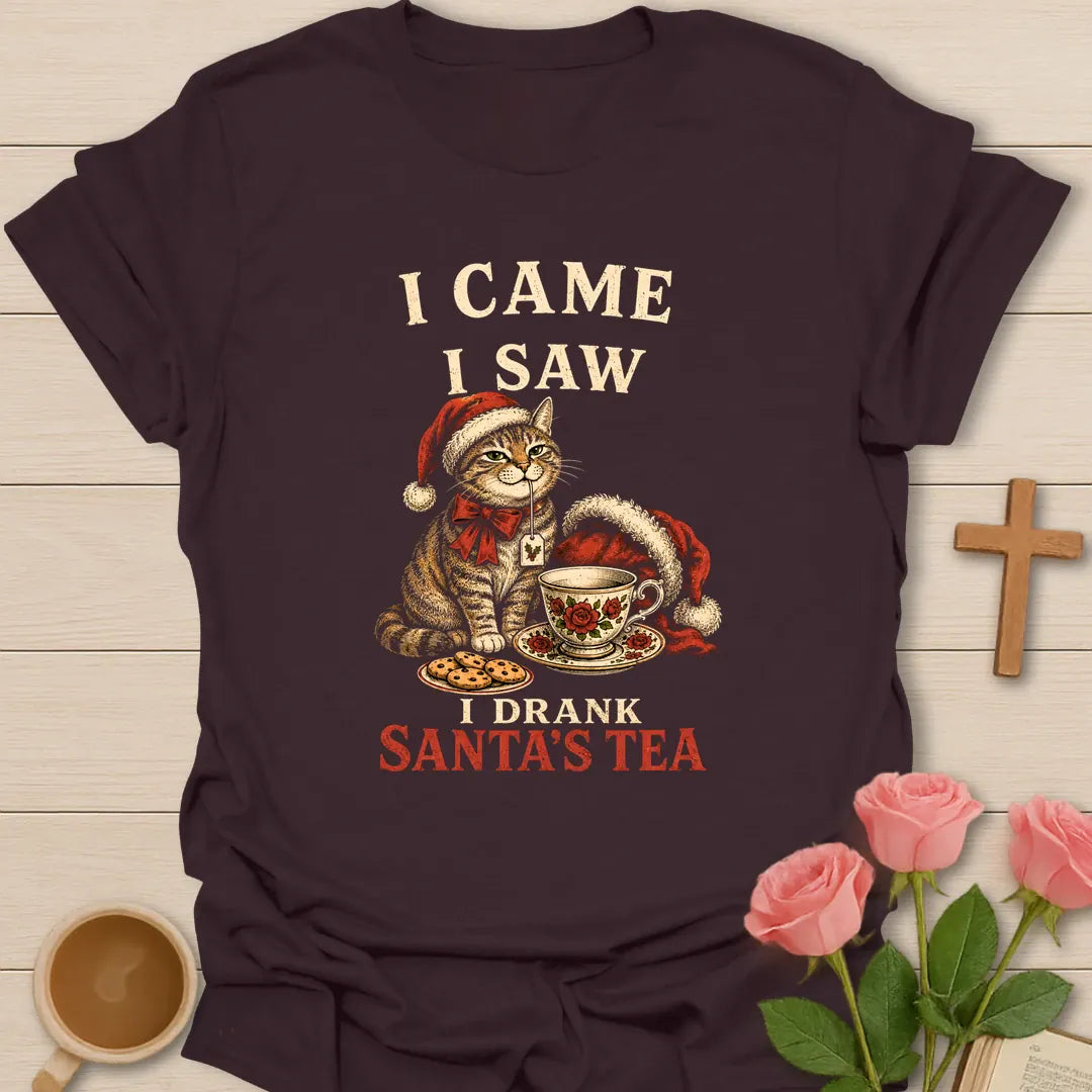 I Came I Saw I Drank Santa's Tea Christmas T-shirt with funny cat Santa hat floral teacup and cookies - Dark Chocolate