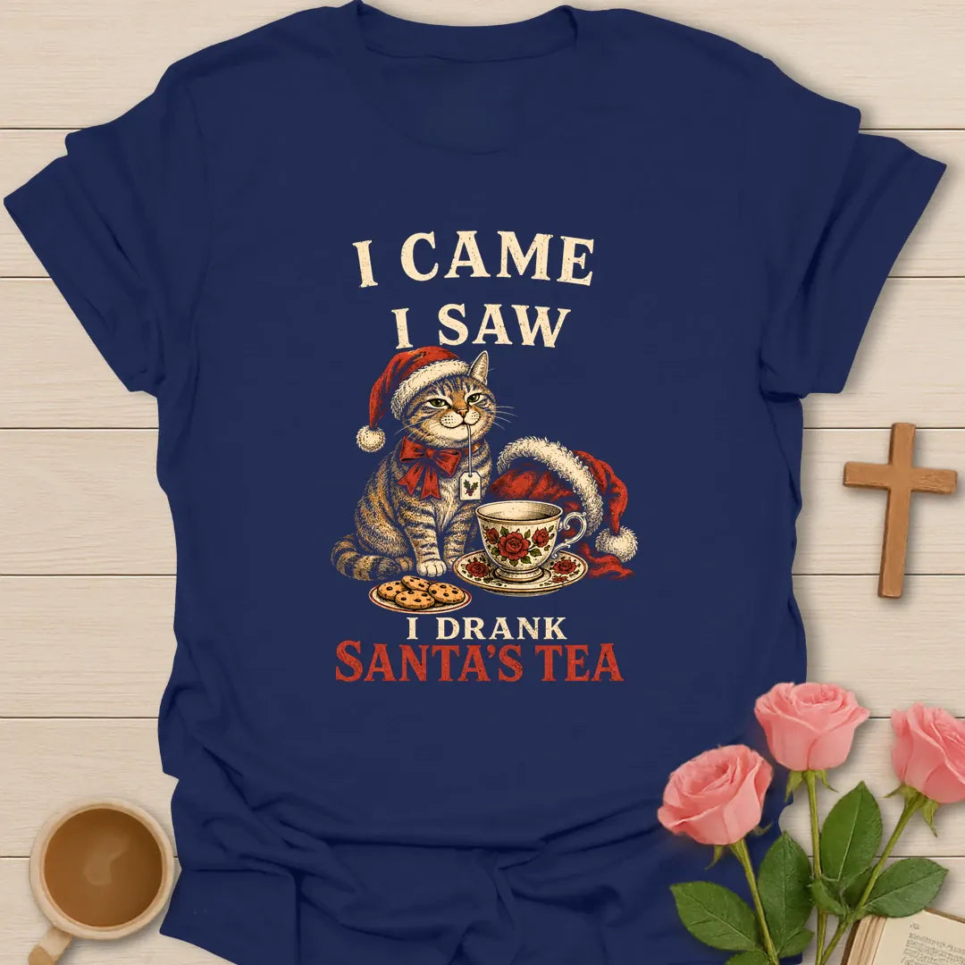 I Came I Saw I Drank Santa's Tea Christmas T-shirt with funny cat Santa hat floral teacup and cookies - Navy
