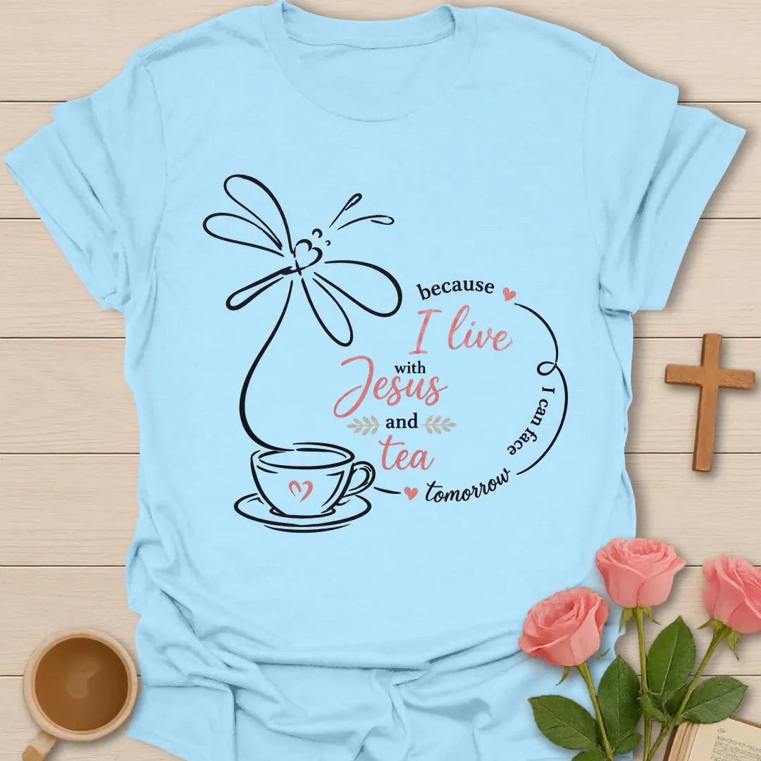 I Live With Jesus and Tea shirt with teacup, cross, floral accents, and simple Christian tea design. - Light Blue