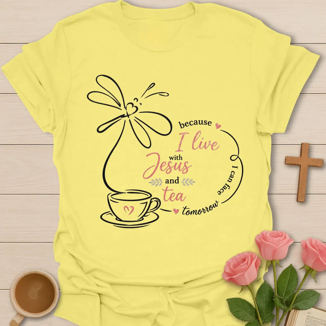 I Live With Jesus and Tea shirt with teacup, cross, floral accents, and simple Christian tea design. - Cornsilk