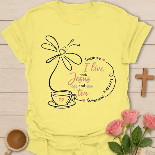 I Live With Jesus and Tea shirt with teacup, cross, floral accents, and simple Christian tea design. - Cornsilk
