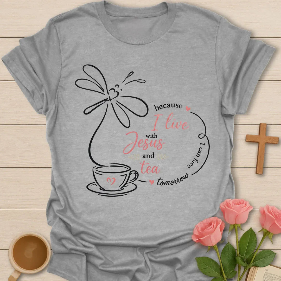 I Live With Jesus and Tea shirt with teacup, cross, floral accents, and simple Christian tea design. - Sport Grey