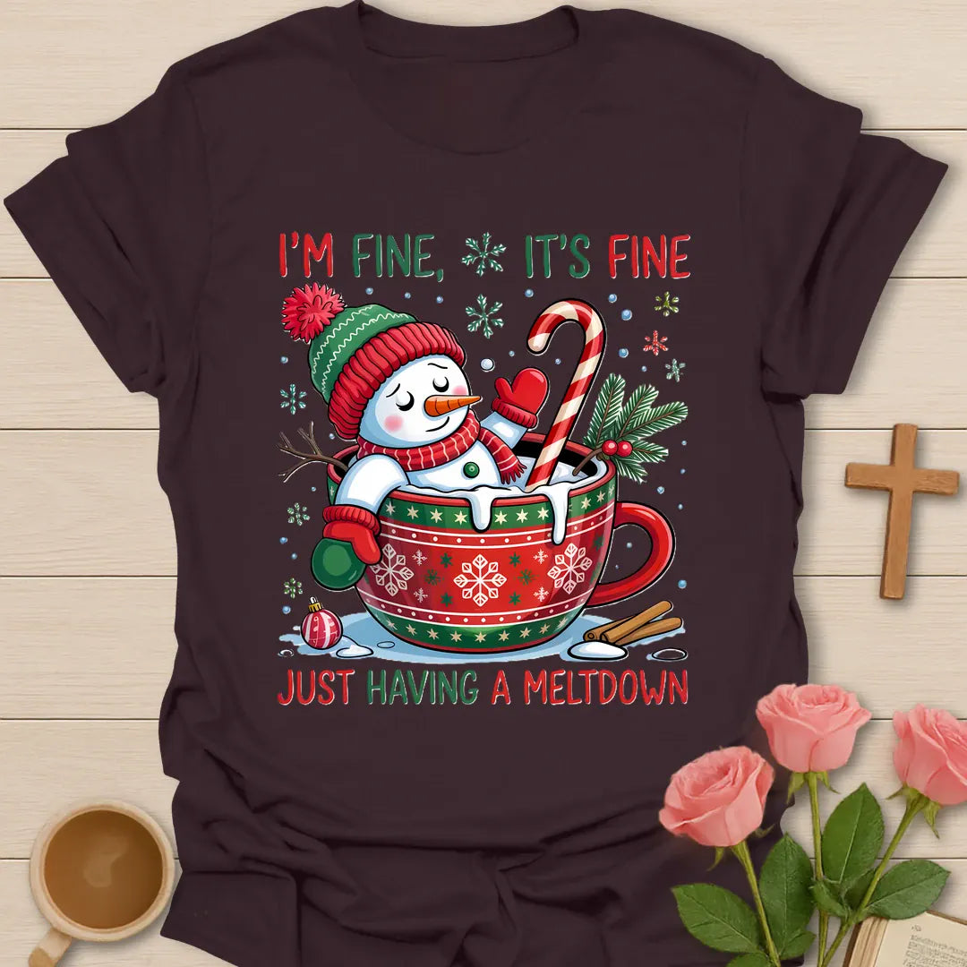 I'm Fine Christmas funny Christian tea t-shirt with playful holiday lettering and faith-inspired design. - Dark Chocolate