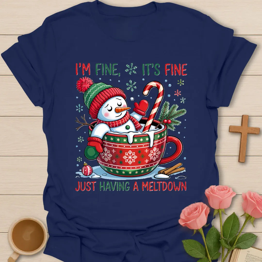 I'm Fine Christmas funny Christian tea t-shirt with playful holiday lettering and faith-inspired design. - Navy