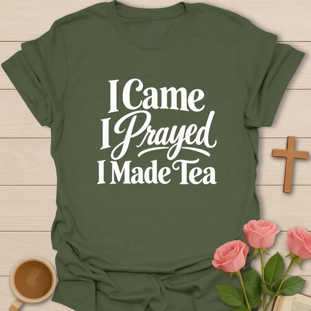 I Prayed Christian t-shirt with faith-inspired tea lettering design - Military Green