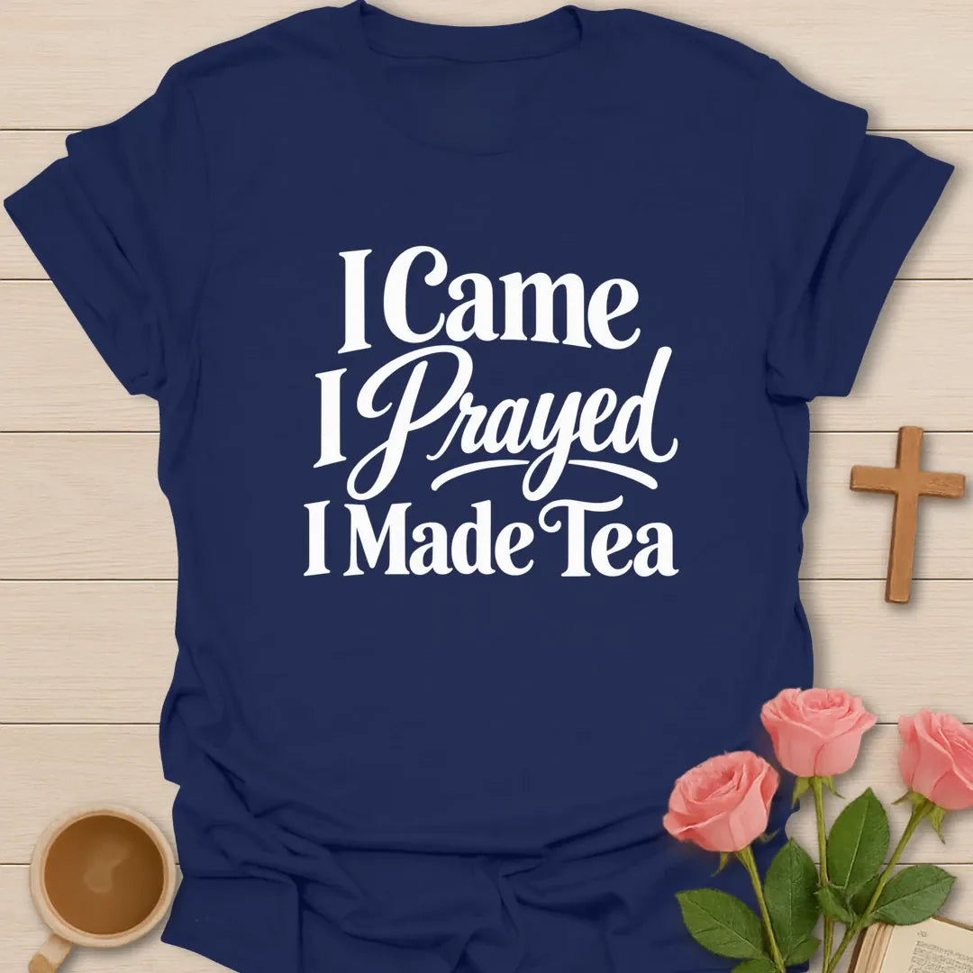 I Prayed Christian t-shirt with faith-inspired tea lettering design - Navy
