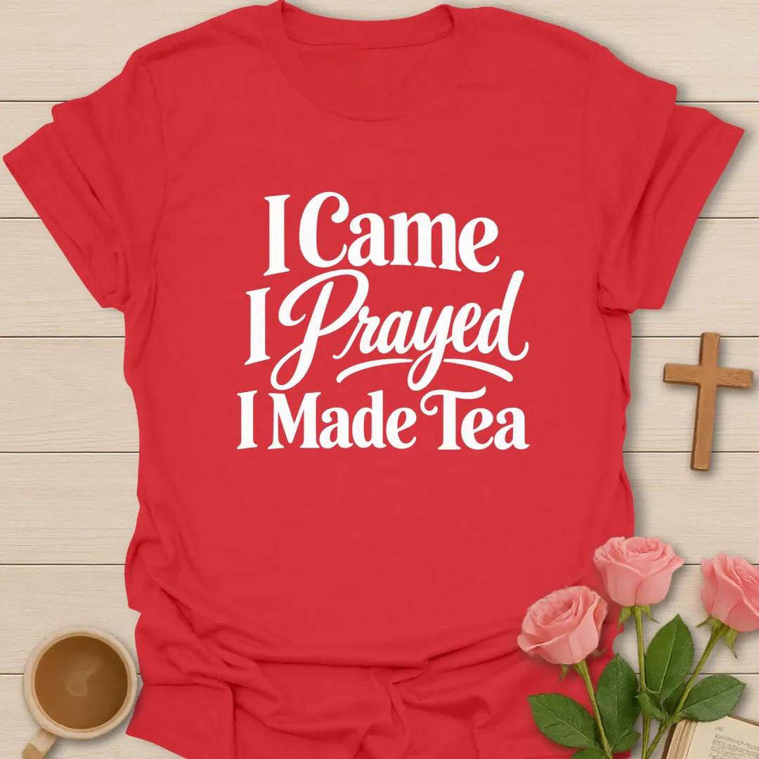 I Prayed Christian t-shirt with faith-inspired tea lettering design - Red